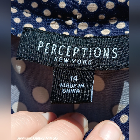 Perceptions NY Navy Polka Dot Sleeveless Midi Dress Sz 14 - Picture 4 of 6